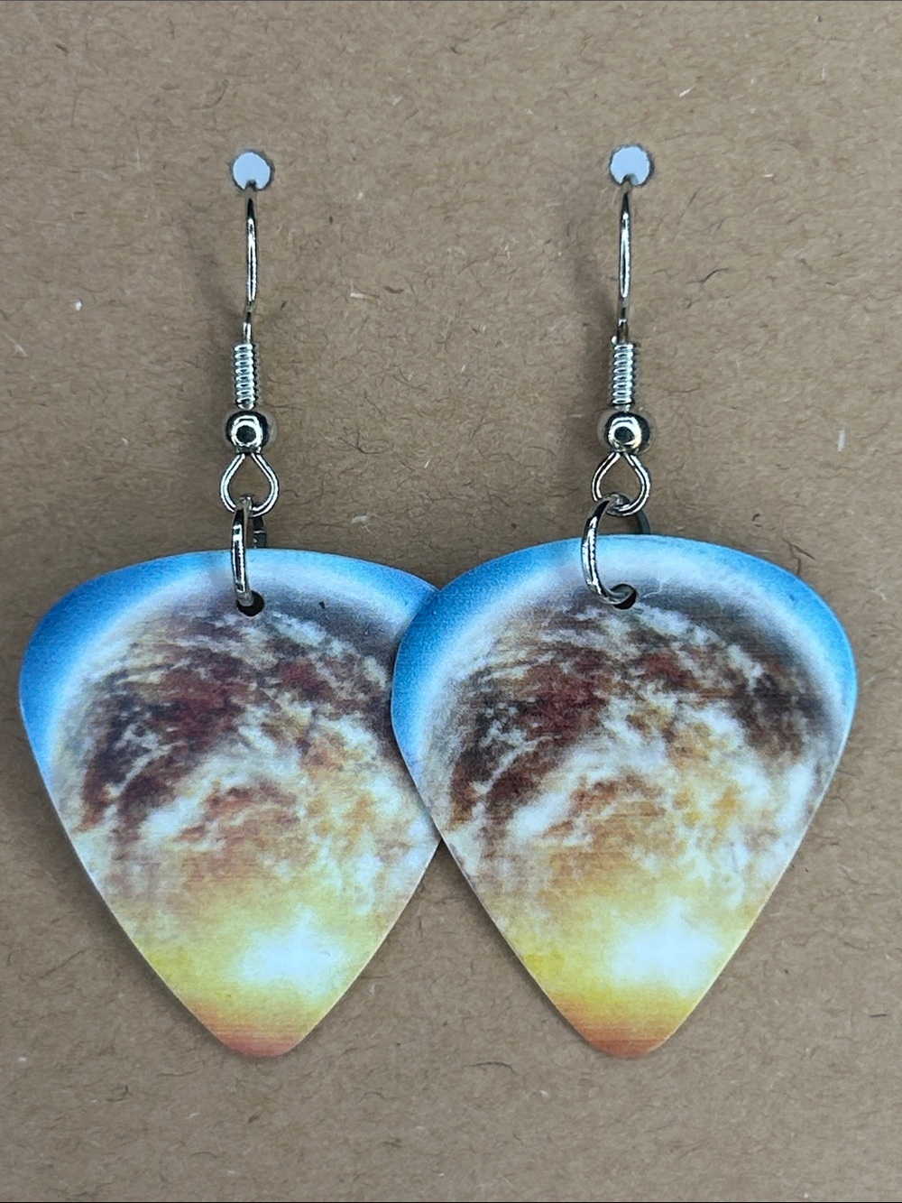 Space Planet Custom Guitar Pick Earrings in Blue, Yellow & Brown Fashion Jewelry